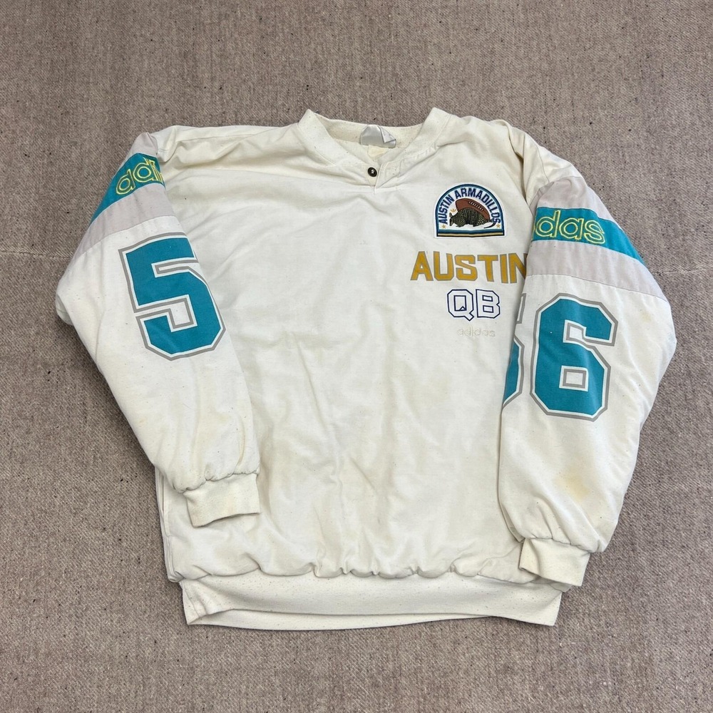 Vintage Austin Armadillos Jacket Mens Large White 1980s Adidas Football Pullover